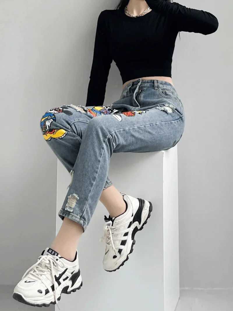 Women's Jeans Cartoon torn jeans womens small print loose high waisted fashionable harem pants Trouser straight jeans hot girl H241130