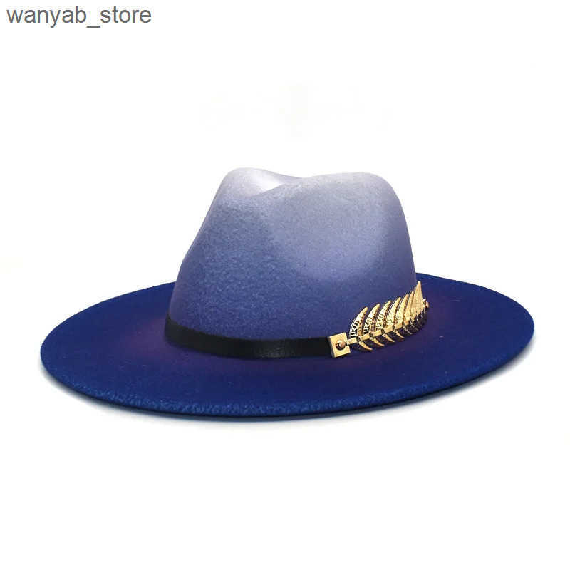 Wide Brim Hats Bucket Hats NEW gradient Wide Brim Wool Felt Jazz Fedora Hats Leaf BuckleBritish style Trilby Party Formal Panama Cap Dress Hat Winter 