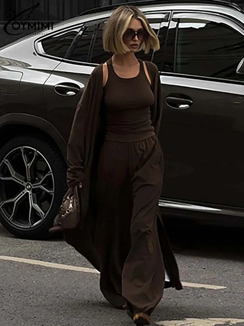 Oymimi Casual Brown 3 Piece Set Outfit Fashion Long Sleeve Robe And Slip Slim Tank Tops Simple Straight Trousers Sets 241129