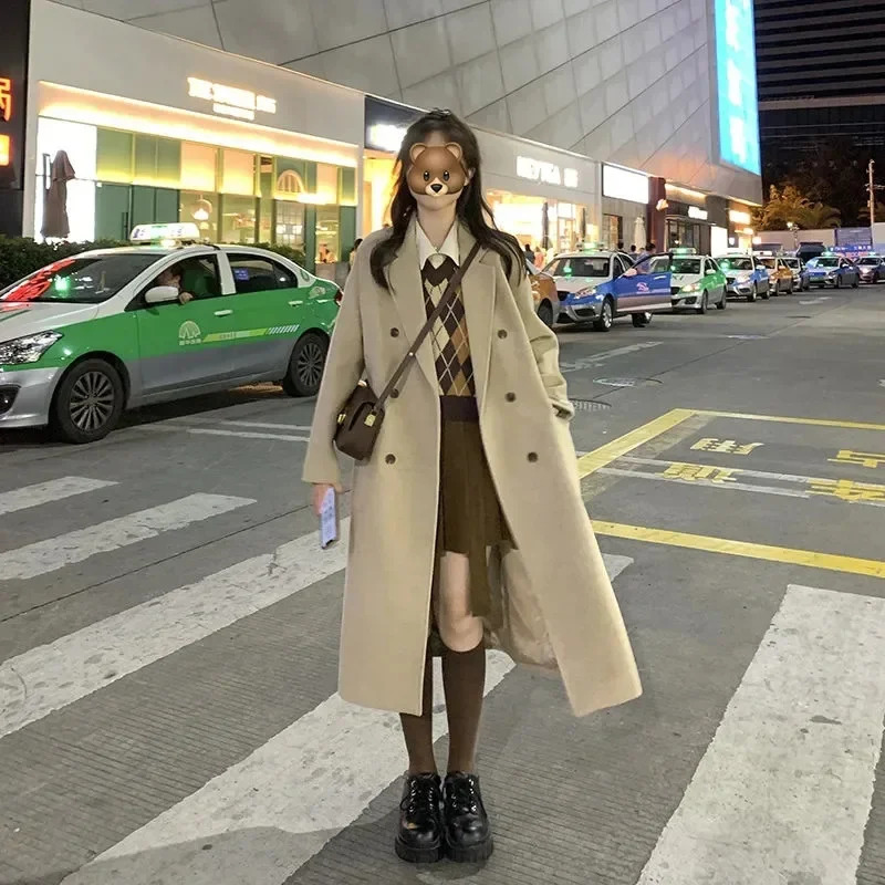 Autumn Winter Style Beige Woolen Coat Womens Hepburn Thickened Korean Series Small Size Essential 241129