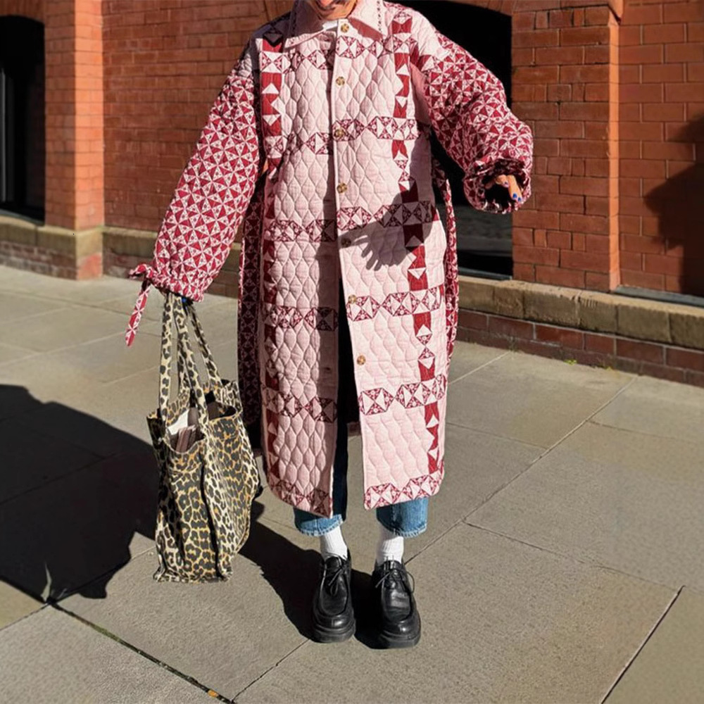 Collar Patchwork Printed Long Sleeved Cotton Jacket, New Pink Loose Fit With Waistband And Tie Up Jacket