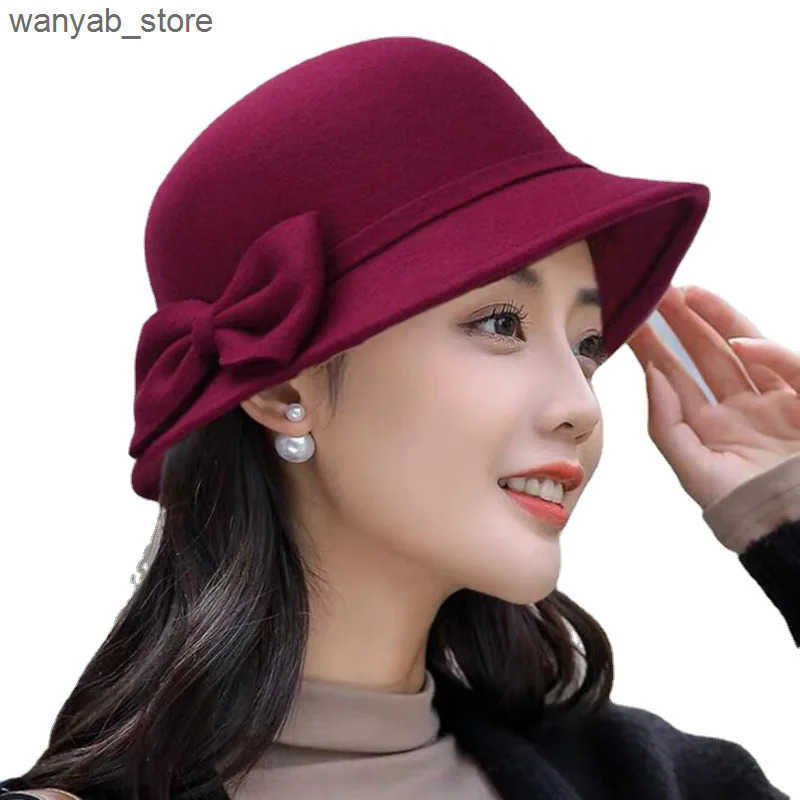 Wide Brim Hats Bucket Hats Vintage Women Bucket Cap Solid Bow Woolen Felt Fedoras Hat Female Winter Autumn Ladies Dome Felt Wedding Church Jazz Caps B