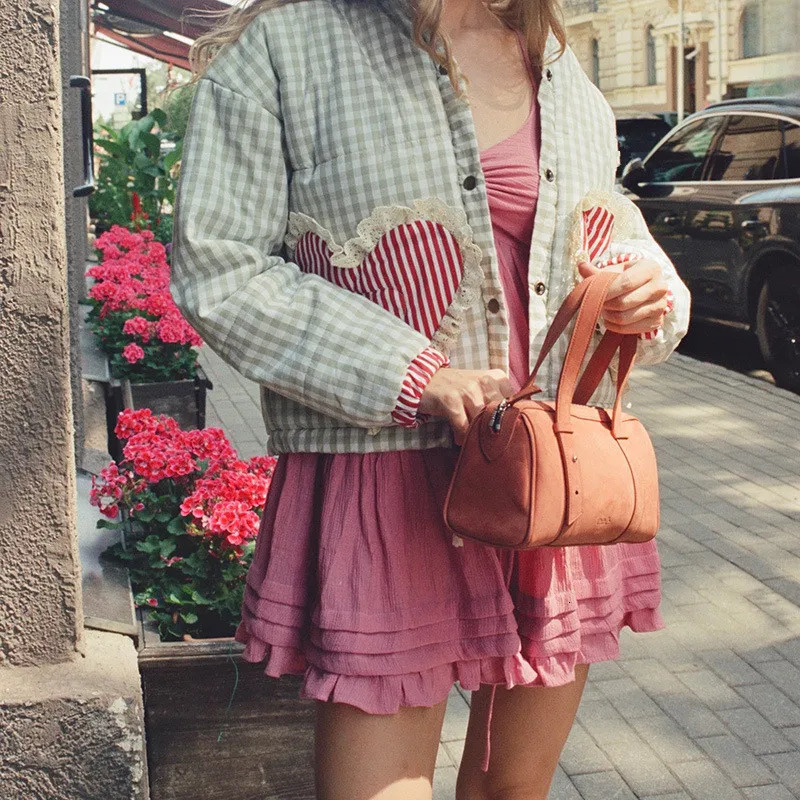 Women Lovely Loose Heart Patterned Parkas 2024 Winter Long Sleeve Quilted Cotton Padded Jacket Coat Female Cute Outerwear 241125