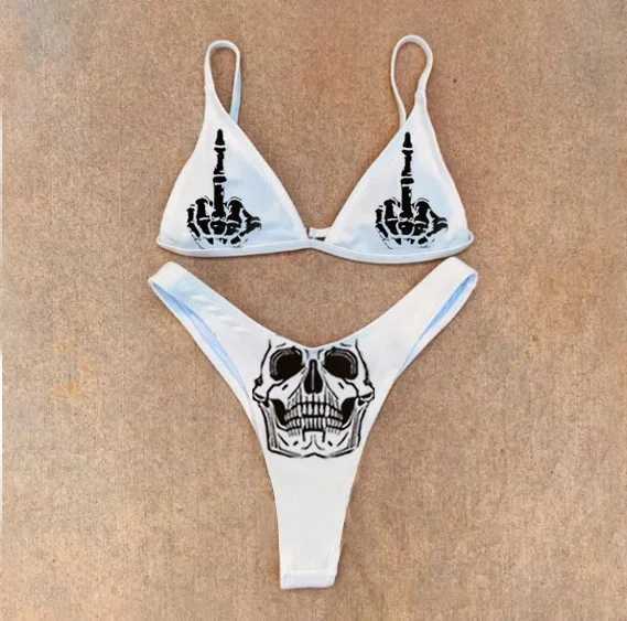 Women's Swimwear New black and white sexy gothic Emo womens two-piece skull print bikini set split swimsuit H241130