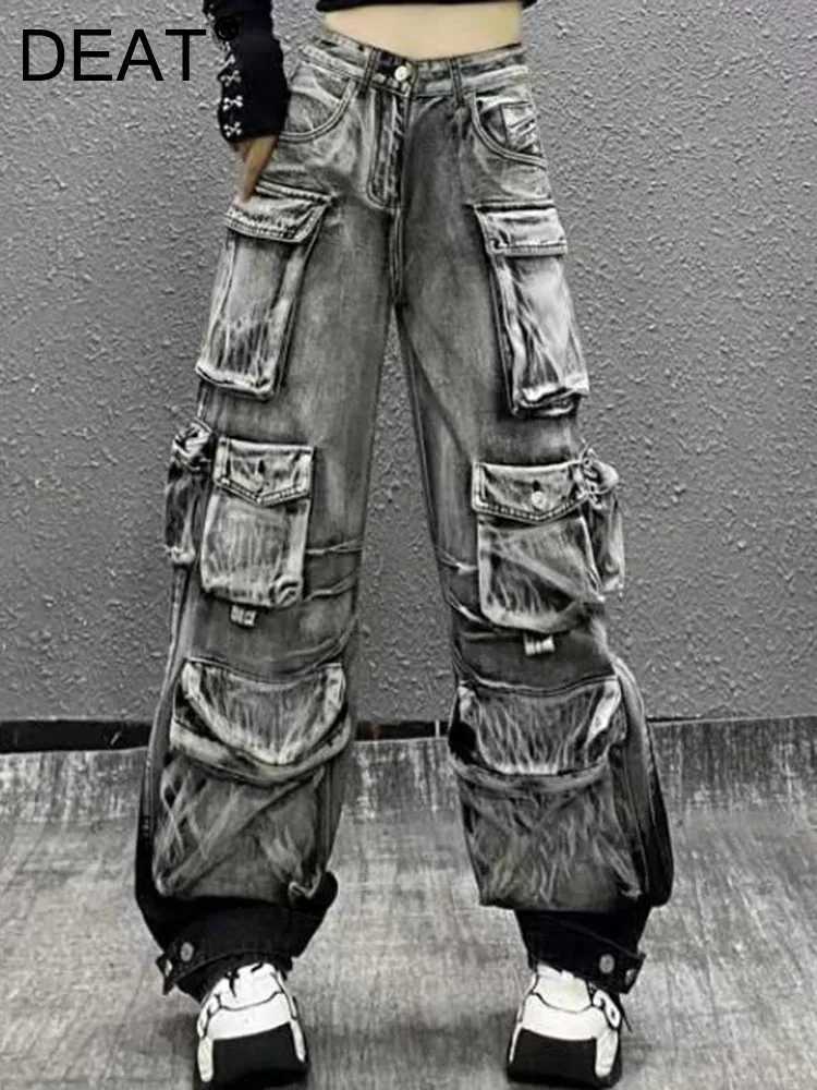 Women's Jeans Retro fashion womens gradient multi pocket jeans 2023 winter new high waisted button cargo denim pants womens 33A538 H241130