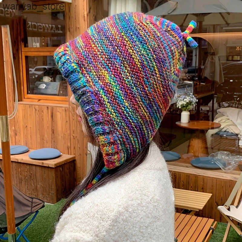 Wide Brim Hats Bucket Hats Rainbow Striped Ear Flap Hats Classic Coldproof Knit Hats Warm Skull Cap Trendy Beanies For Women Female Autumn Winter L240