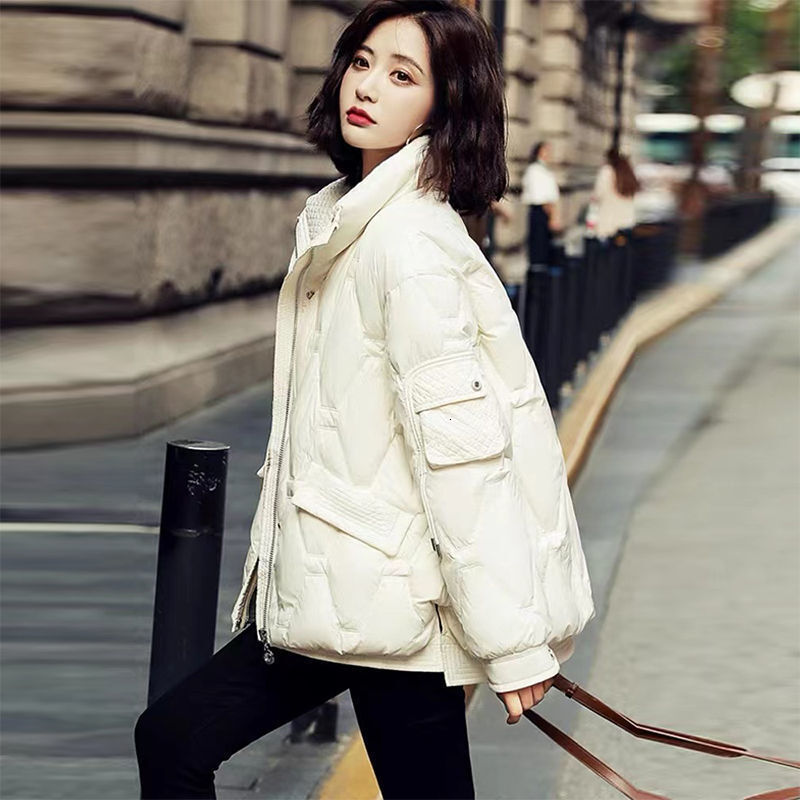 New white duck down short winter version, Korean loose and fashionable women's stand up collar versatile jacket, trendy designer cotton jacket