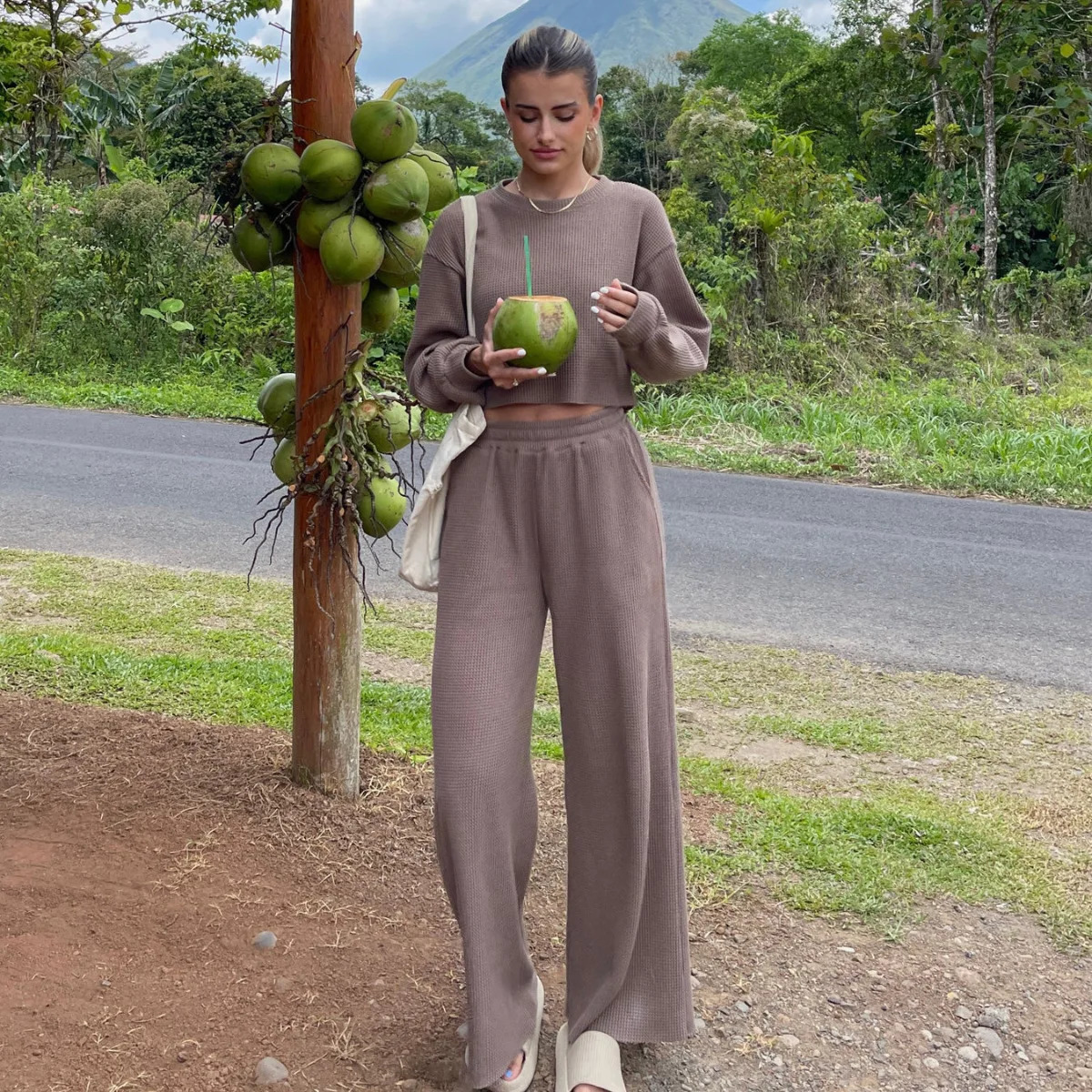 Autumn Winter Womens Tracksuit Female Solid Color Oneck Cropped Pulloverd Ladys Wide Leg Pant In Matching Sets 241129