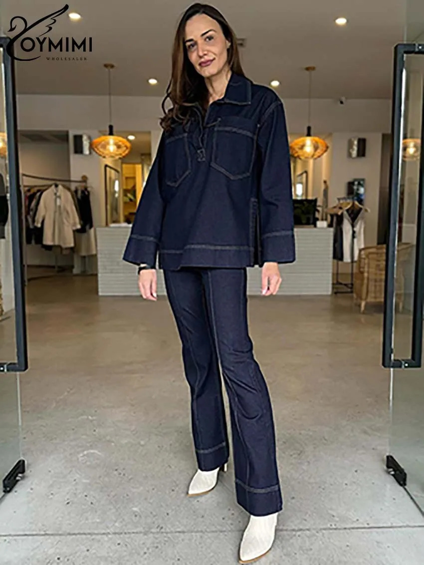 Oymimi Fashion Blue Denim Womens 2 Piece Outfit Set Elegant Long Sleeve Pockets Blouses And High Waisted Straight Trousers Sets 241129