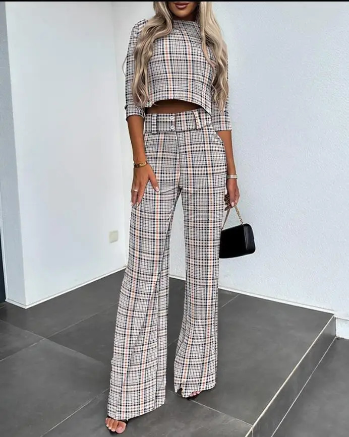 2024 Spring and Autumn Fashion Small High Neck Slim Fit Womens Set Solid Pocket Micro Horn Pants Set for office lady 240420