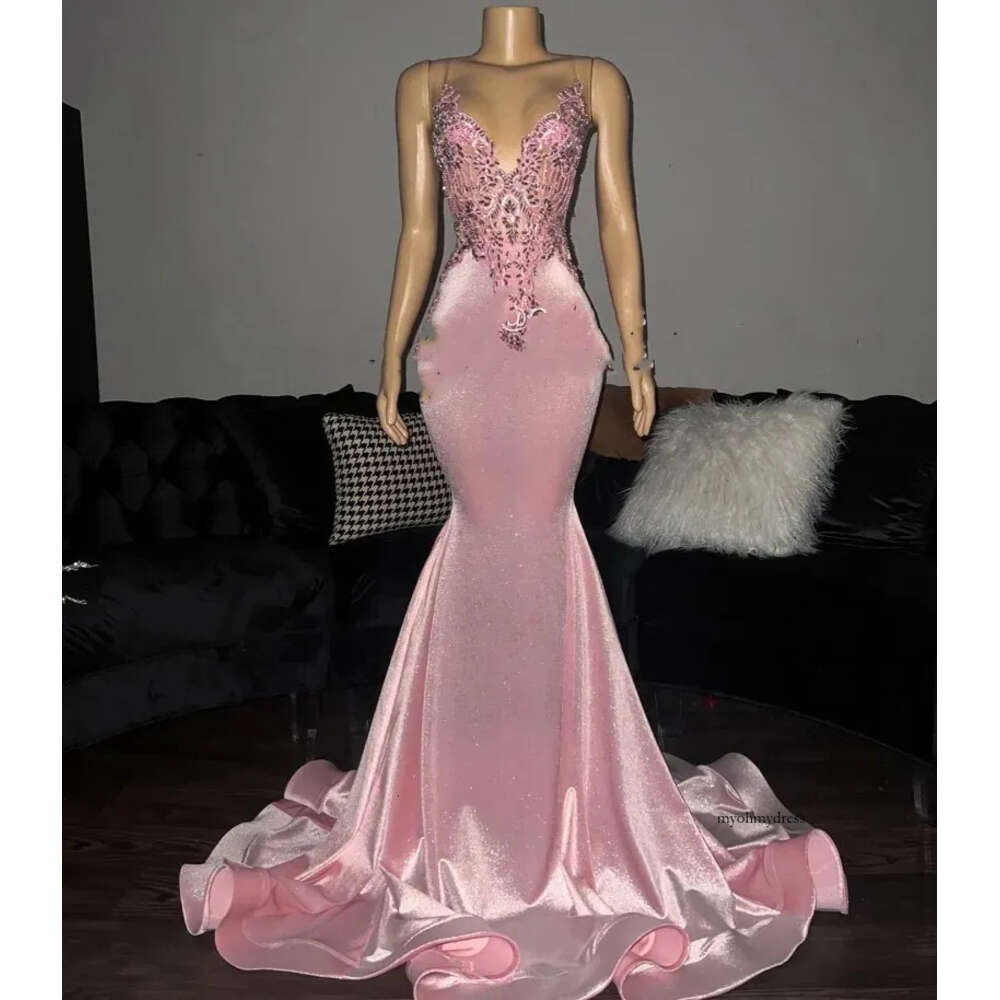 Elegant Pink Prom For Black Girls Beading Mermaid Gowns Satin African Women Party Dress Vestidos De Gala 0431