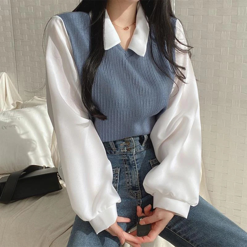 Y2k Sweet Women Shirts False Twopiece Loose Female Casual Blouse Korean Preppy Style Chic Ladies Autumn Tops 241121