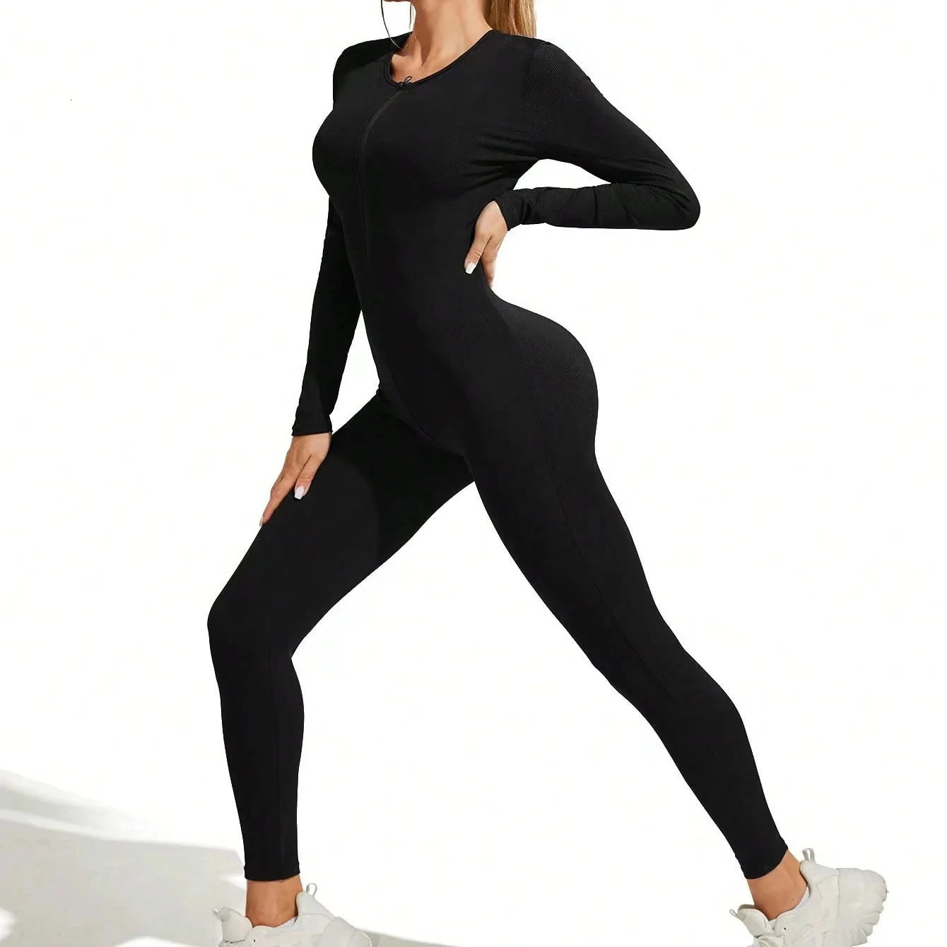 Fall sexy bodysuit for women solid color ribbed long sleeve zipper bodycon sporty clothing rompers jumpsuit 241120