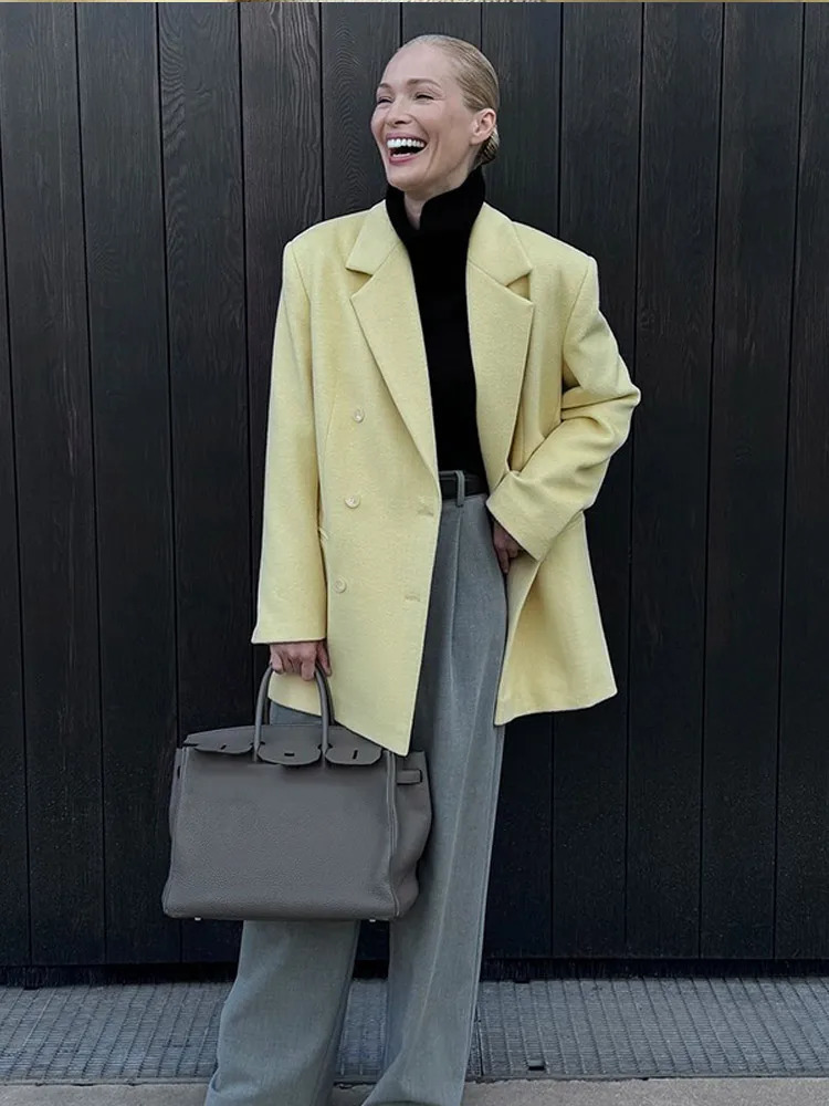 Elegant Lapel With Packet Double Breasted Woolen Coat Women Fashion Yellow Long Sleeve Loose Overcoat Autumn Winter Lady Outwear 241129