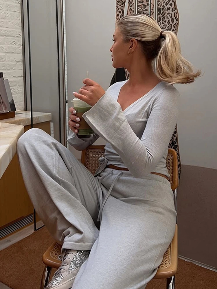 Absobe Autumn Winter Loose Pants Leisure Suit Women Flare Sleeve Crop Cardigan Top Laceup Solid 2 Piece Set Fashion Outfit 241125