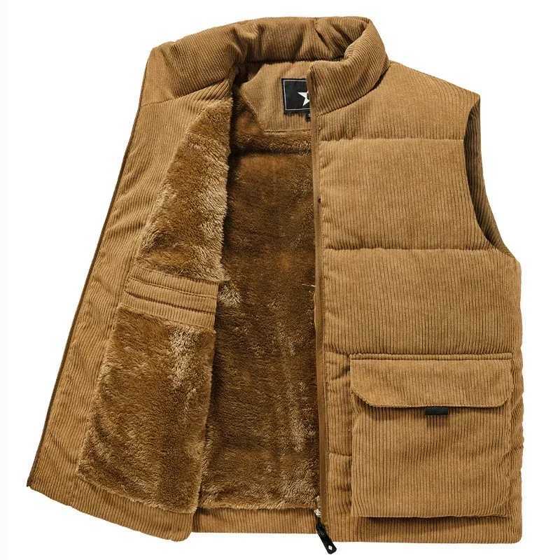 Men's Down Parkas 6XL Mens Winter Plus-size Corduroy Cargo Sleeveless Jacket Thick Warm Fleece Lining Multi-pocket Outdoor Hiking Safari Work Ves