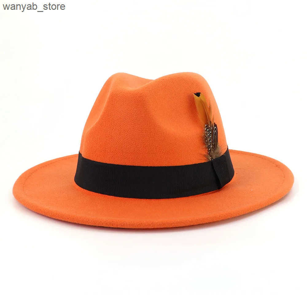Wide Brim Hats Bucket Hats New Feather Top Hat Men Women Elegant Jazz Fedora Hats Party Wedding Church Panama Felt Cap Wide Brim Sun Protection 58-60c