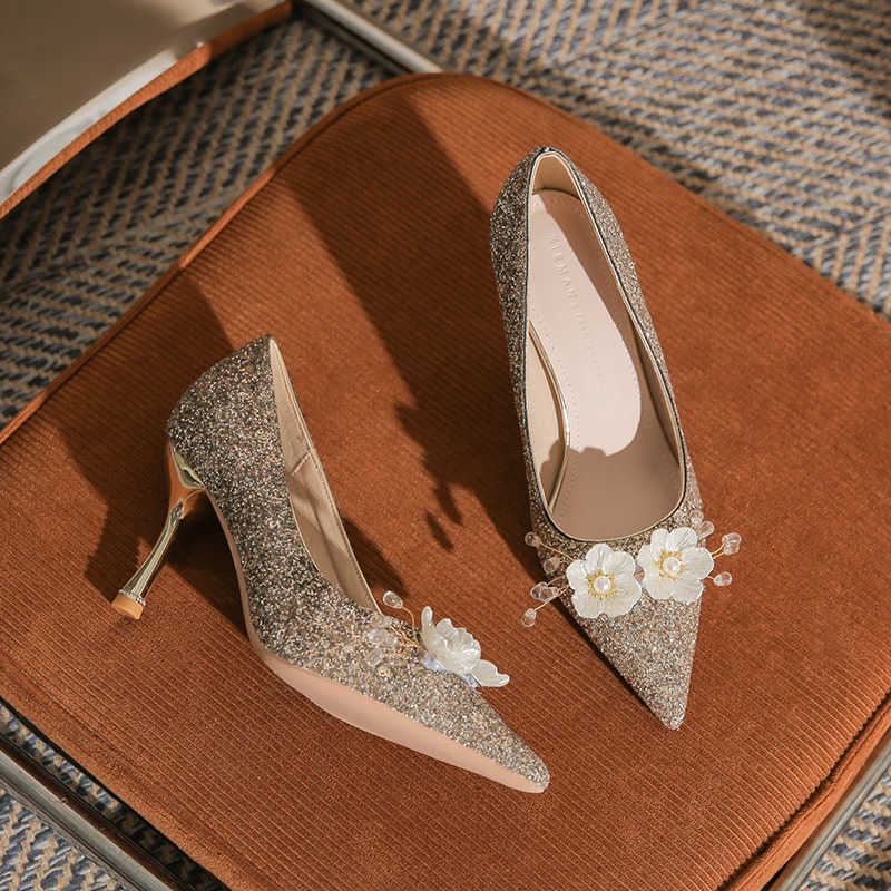 Fashion Glitter New Womens High Heels Thin Heels Pointed Wedding Shoes Classic Shoe Flower Versatile Single Shoes