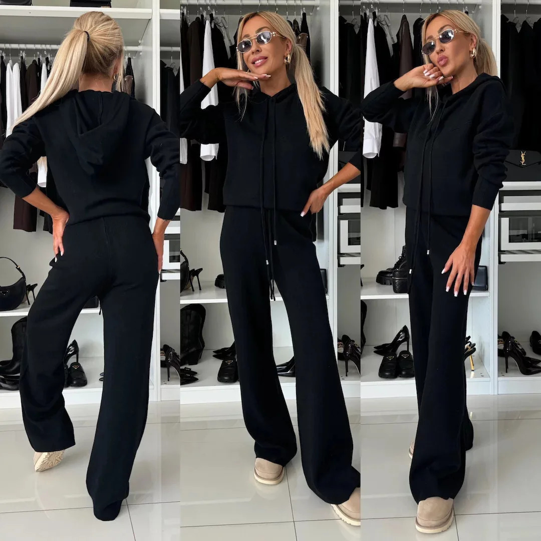 2025 Spring Autumn Womens Tracksuit Female Solid Color Hooded Longsleeved Tops Laceup Wideleg Pants Trouser Sets 241129