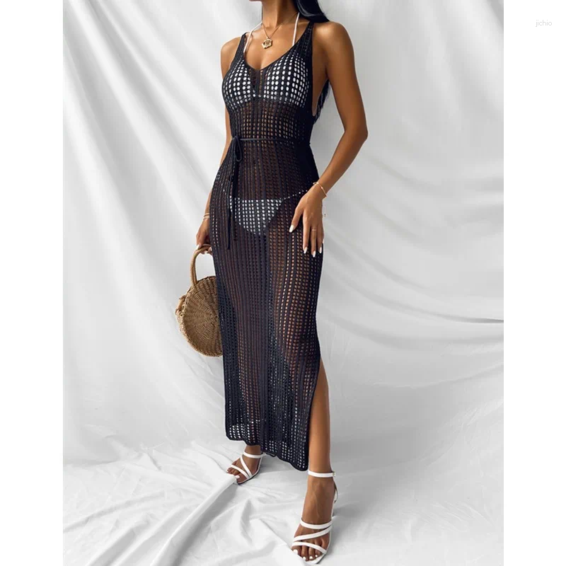 Beach Clothes Swimwears Womens Dress 2024 Hollow Out Backless Sexy Outing Cover-ups Holiday Summer Long Tunic
