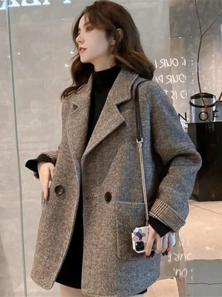 Blazers 2024 Autumn Winter Turndown Collar Wool Blends Coats Korean Fashion Solid Tweed Jacket Simplicity 241129