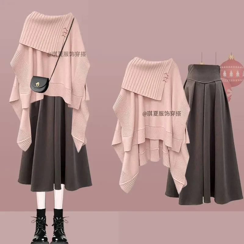 Women 2024 AutumnWinter Chic Dress Matching Set Korean Elegant Irregular Knit SweaterHigh Waist Midi Skirt Two Piece Suit 241129