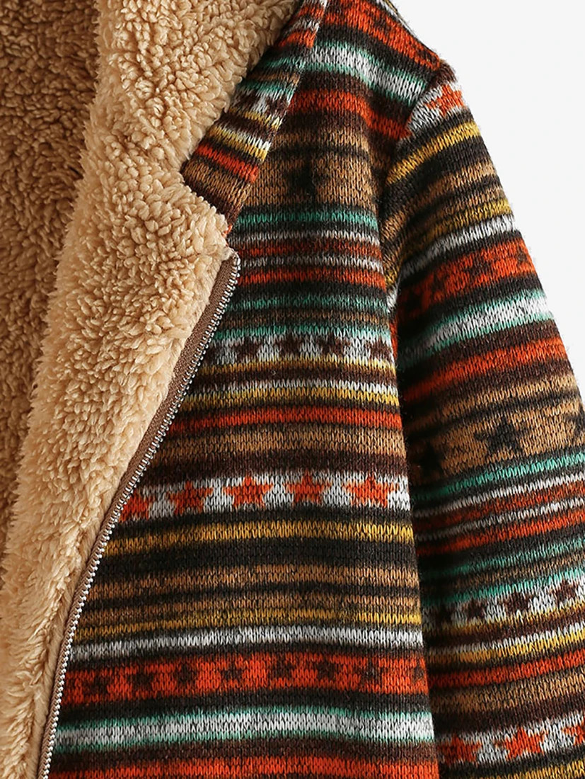 Ethnic Print Faux Fur Lined Hooded Zip Coat Female Long Fuzzy Jacket Winter Clothe Outerwear 241129