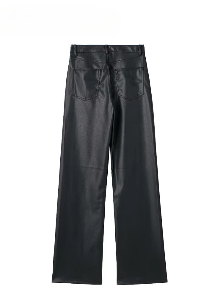 Woman Elegant Fashion High Waist Trouser Chic Straight Streetwear Wide Leg Pant Female Faux Leather Pants