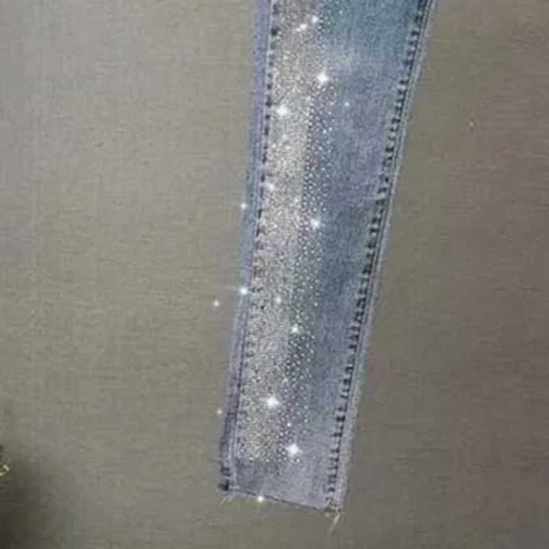 Women's Jeans Retro Blue Ultra Thin Diamond Denim Jeans New Womens Spring and Autumn Striped High Waist Mens Tights 5XL Large H241130