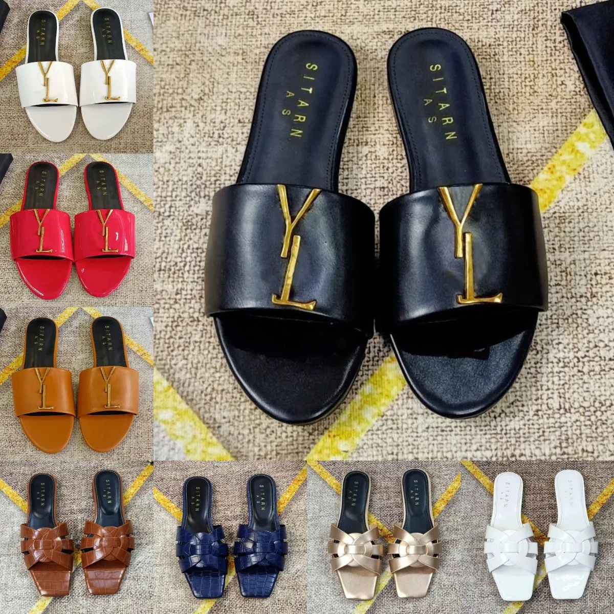 Hot Womens Designer Slippers Luxury Calf skin Flat sandals Black White Red Patent Gold Crocodile Khaki Navy Women Summer Fashion Outdoor Slides Slipper