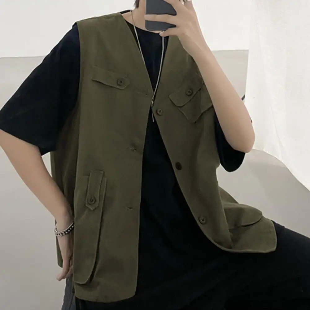 Sports Vest Mens Collarless Sleeveless Cargo Waistcoat with Multi Pockets Solid Color Outdoor Coat for Casual Style 241129