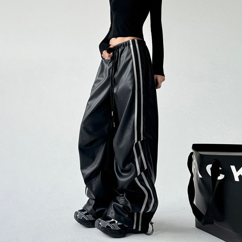 Fashion Black PU Leather Side Striped Casual Women Retro Street Hot Girls Loose Haruku High Waist Straight Pants