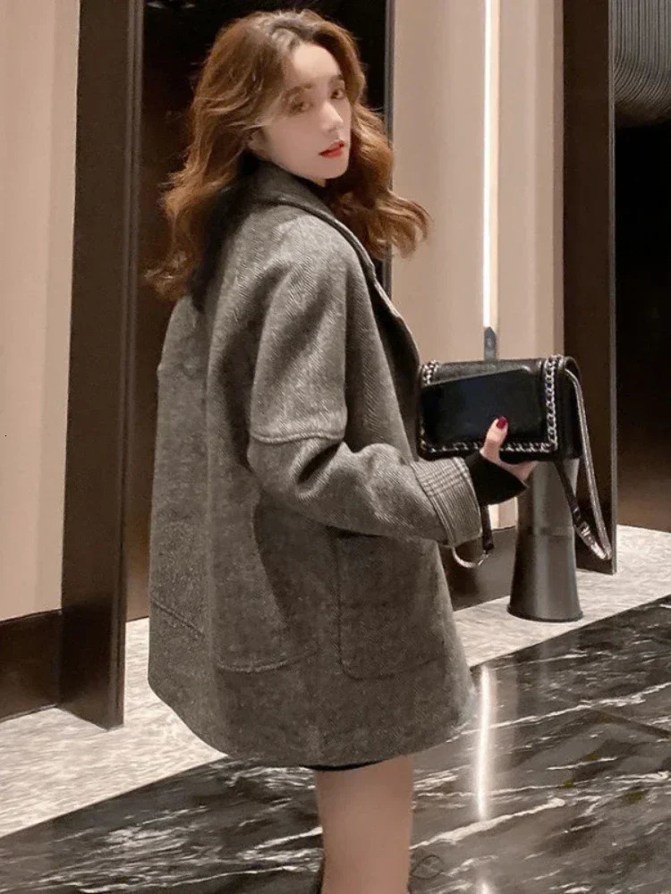 Blazers 2024 Autumn Winter Turndown Collar Wool Blends Coats Korean Fashion Solid Tweed Jacket Simplicity 241129
