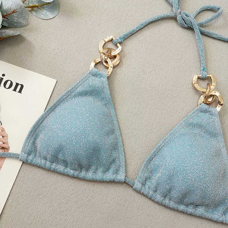 Women's Swimwear Sexy and shiny mini bikini women 2024 new metal chain 2-piece swimsuit triangle hanging backless swimsuit lace swimsuit H241130
