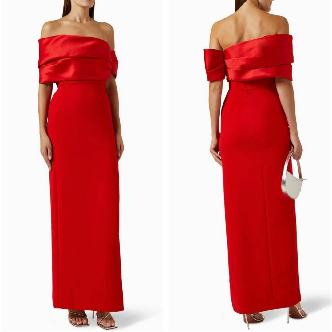 Elegant Long Red Crepe Bateau Neck Evening Dresses with Slit Sheath Satin Muslim Ankle Length Pleated Zipper Back Prom Dresses Party Dresses for Women