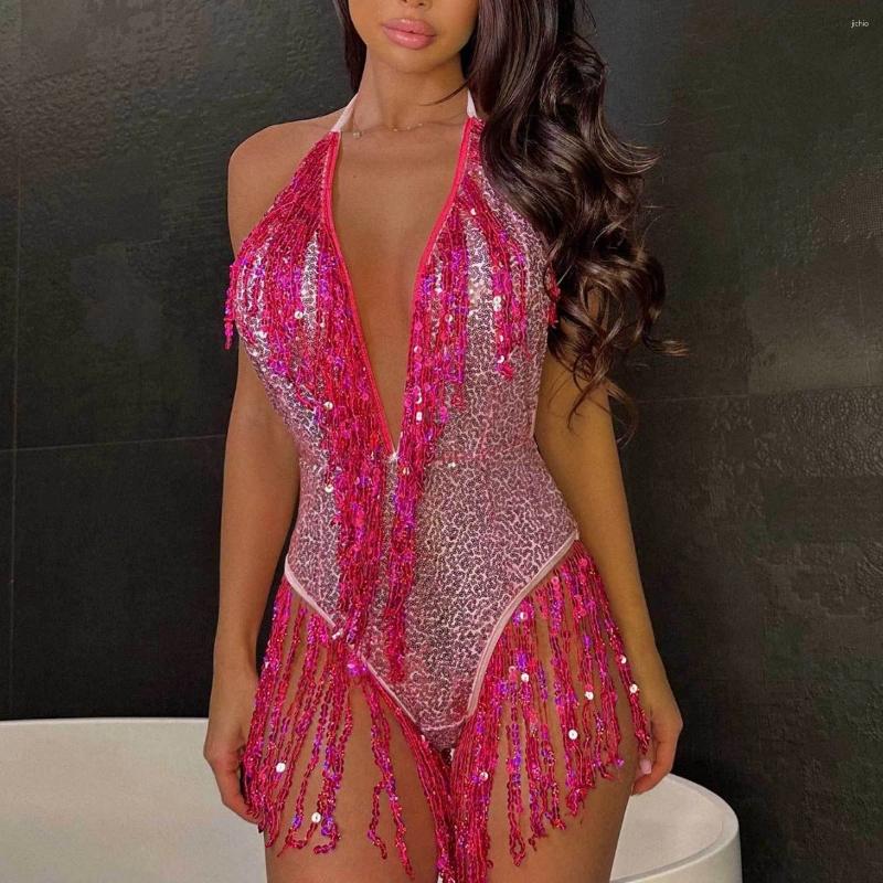 Womens Swimwear Sexy Tassel Backless Swimsuit Women Summer Sleeveless Deep V Neck Jumpsuit Female Fashion Holiday Party Beach Bikinis