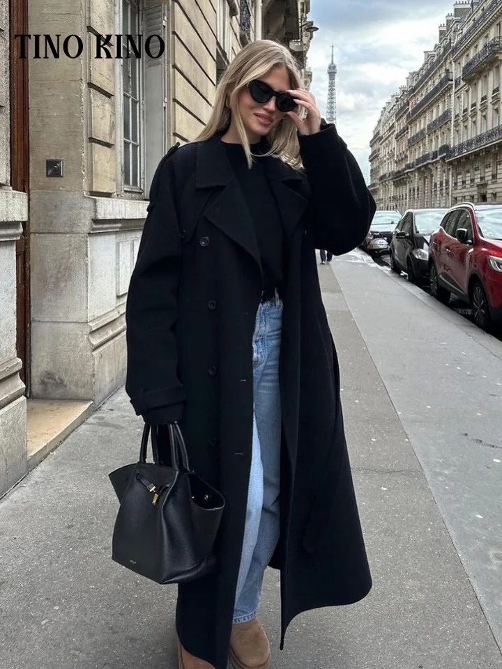 Fashion Solid Woolen Womens Coats With Belt Lapel Full Sleeve Double Breasted Loose Long Overcoat 2024 Autumn Lady Outwears 241121