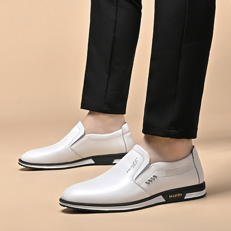 Men's non-slip mens casual leather shoe breathable British soft sole comfortable flat white slip-on men shoes