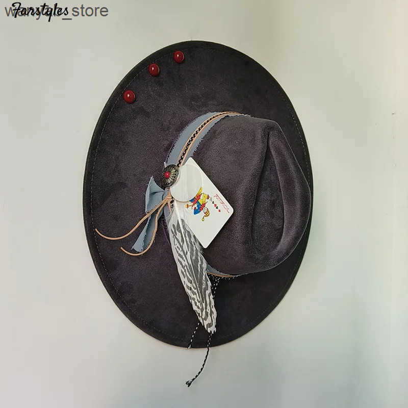 Wide Brim Hats Bucket Hats INS Wide Brim fedora hats Felt Suede hat turquoise Men women Feather accessory Fedoras DIY flat brim hat Jazz hat Top hats 