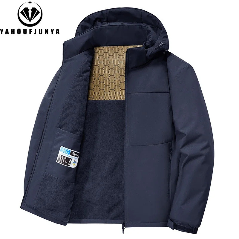 Winter Men Fleece Warm Outdoor Windproof Detachable Hooded Jacket Solid Zipper Waterproof Casual Fashion Male Coat 241129