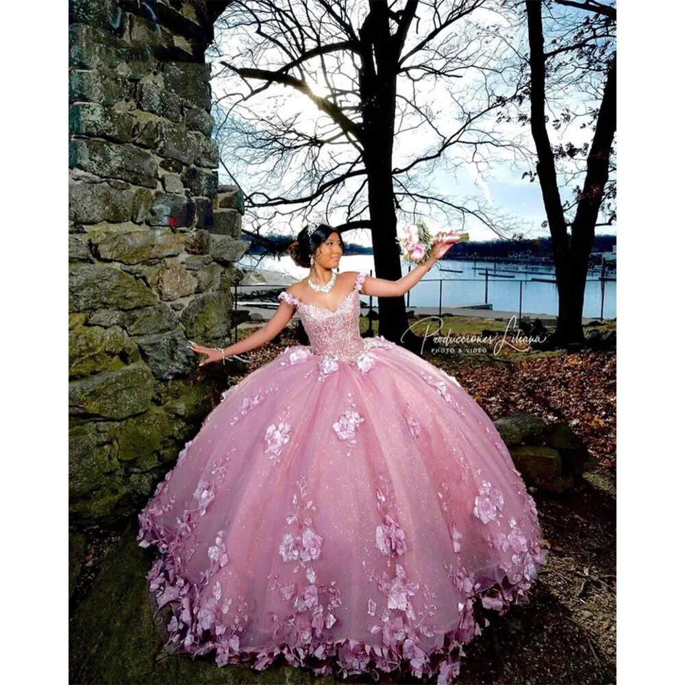 Ball Gown Quinceanera Pink Princess Dresses D Wers Applique Pearls Sweet Dress Birthday Vestidos De Anos Lace Up ress e