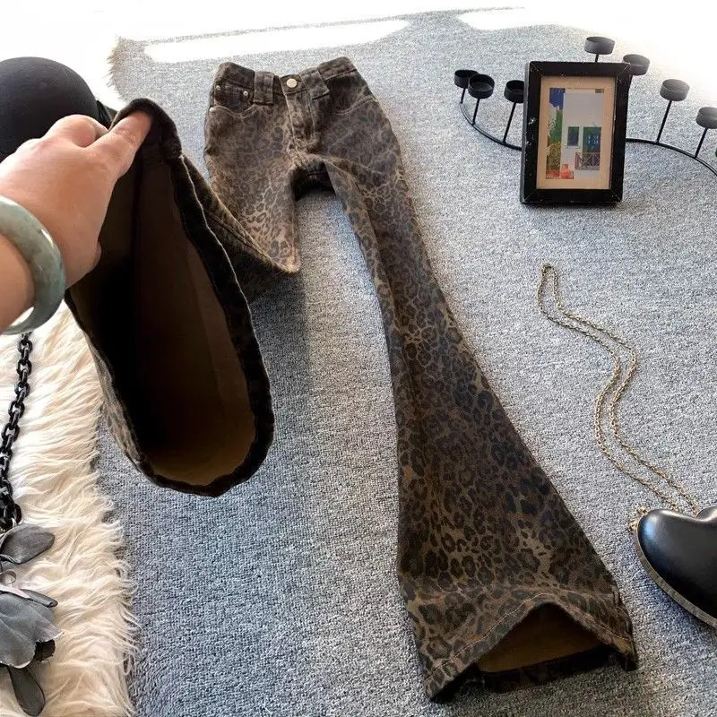 Fashion Leopard Print Bootcut High Waisted Jeans Women American Retro New Trousers Trendy Haruku Stretch Flared Pants
