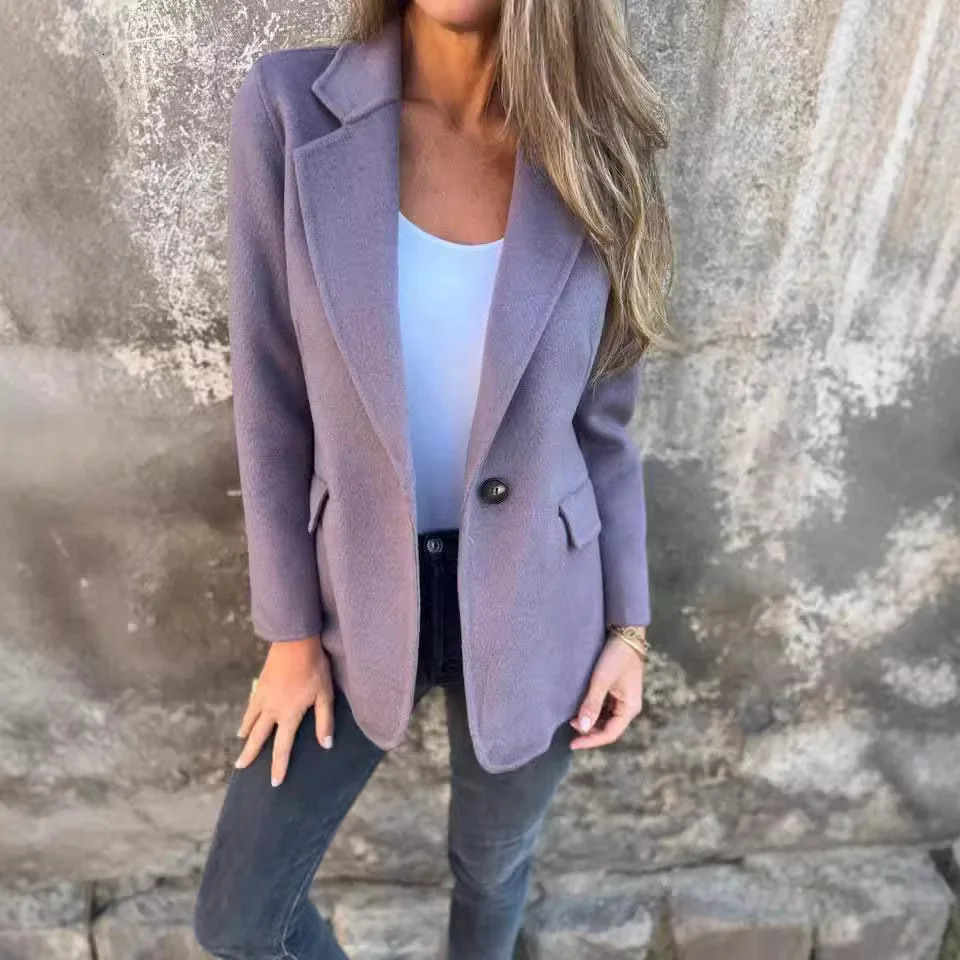 Woolen Suit Jacket Womens Casual Lapel Button Pocket Cardigan 241129