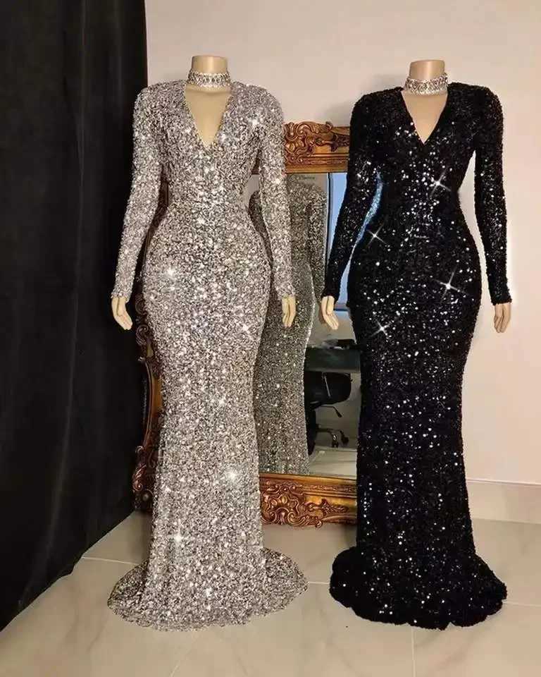 Runway Dresses Stretch Sequined Maxi Dress Full Slve V Neck Mermaid Evening Night Long Party Dress Grey Black Burgundy