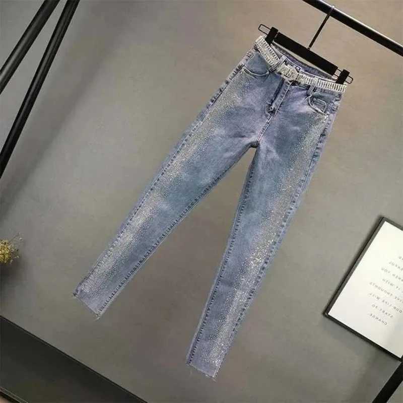 Women's Jeans Retro Blue Ultra Thin Diamond Denim Jeans New Womens Spring and Autumn Striped High Waist Mens Tights 5XL Large H241130