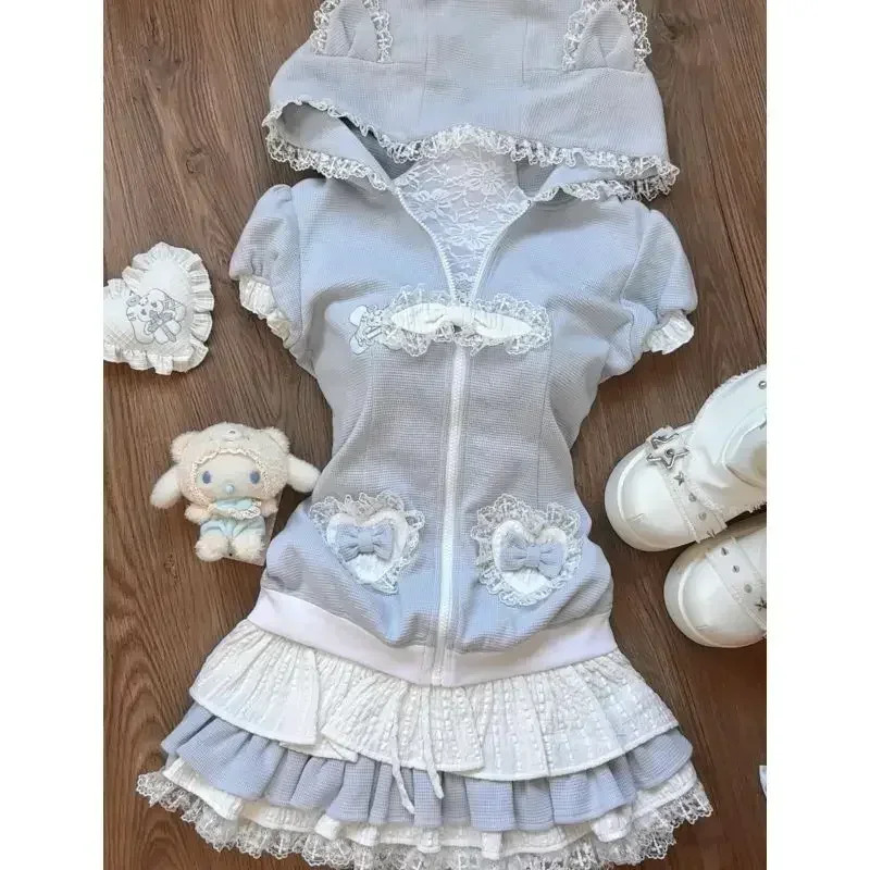 Autumn Fashion Patchwork Lace Japan Two Piece Sets Harajuku Sweet Constrast Color Cute Hoodies Y2k Aesthetic Tiered Skirts 241129