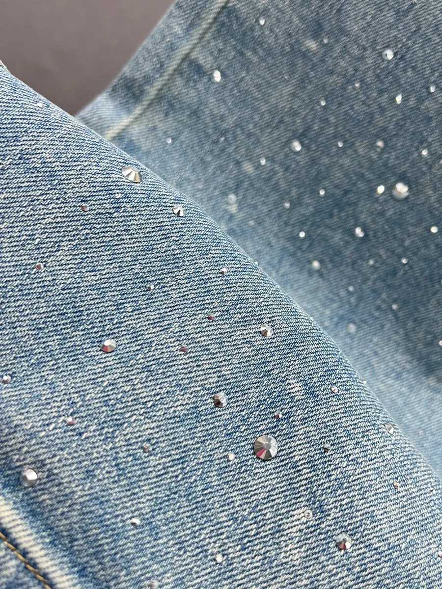 Women's Jeans Rheinstone XINGX pendant design high waisted washed denim pants for womens summer loose weight loss and fully matched straight leg 