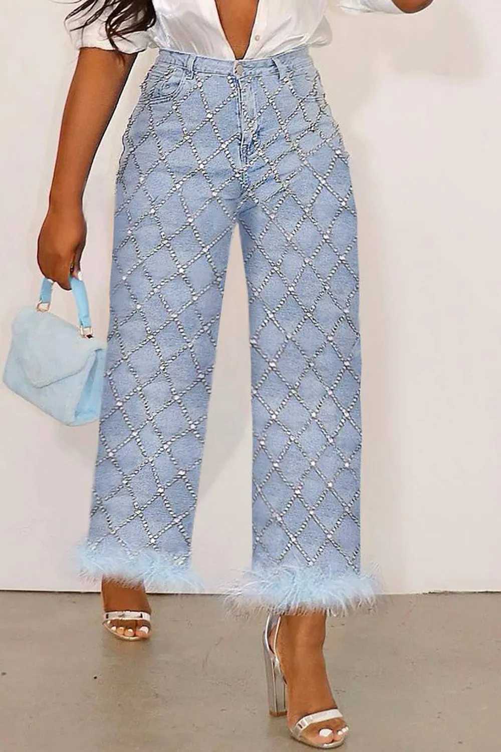 Women's Jeans Fashion womens denim pants plus size daily jeans light blue denim high waist diamond straight leg feather jeans ankle pants H241130