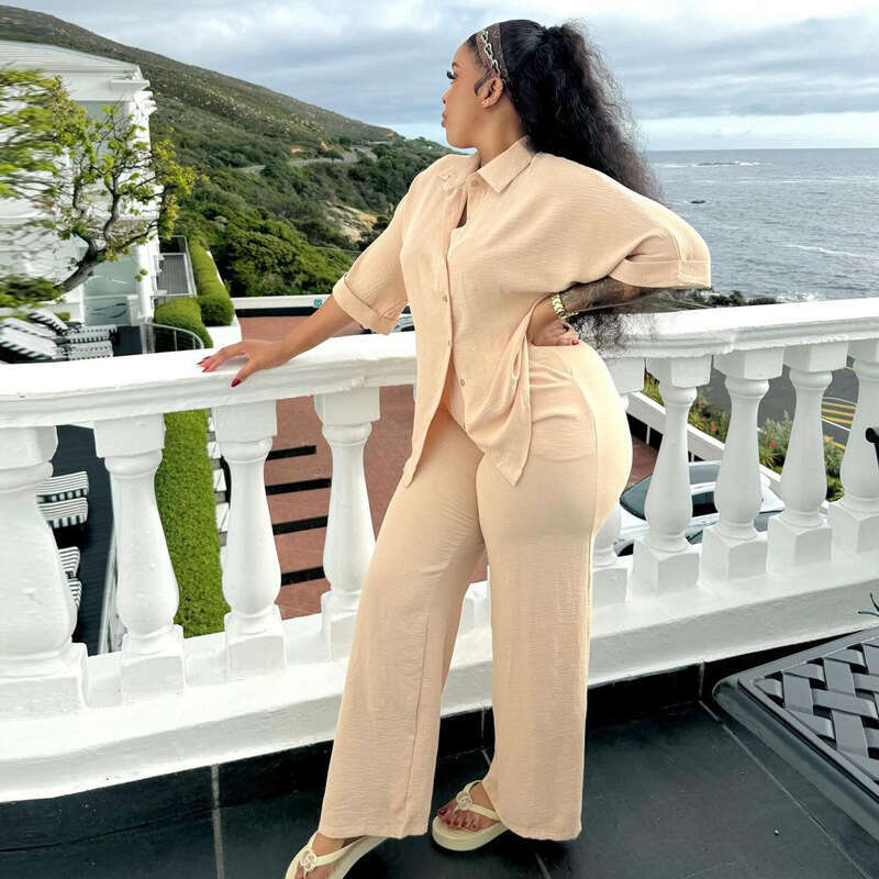 African Fashion Casual Loose Short Sleeved Shirt Cardigan Pants Women's Two-Piece Set Women