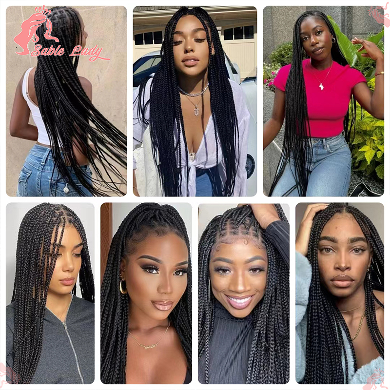 36" Synthetic Knotless Box Braided For Women Cornrow Wigs Full Lace Braids Wig Black Braiding Hair